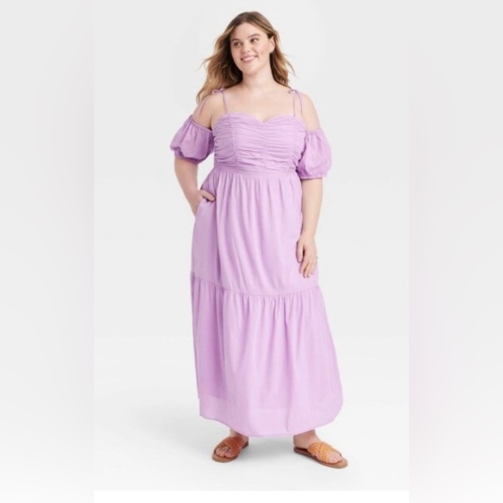 Universal Thread Lavender Off-Shoulder Puff Sleeve Ruched Smocked Maxi Dress XXL